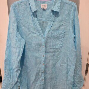 Sigrid Olsen Blue 100% Linen Button Up Shirt Women’s Medium V Neck